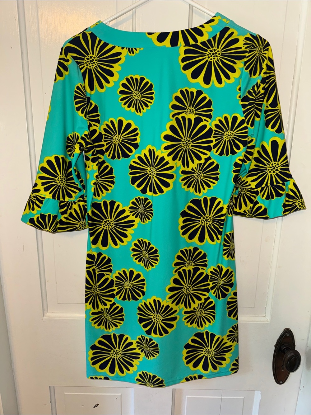Floral Tie-Neck Shift Dress in Teal and Yellow - Picture 3 of 4